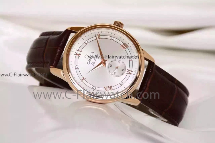 Omega De Ville Fake Watch Rose Gold Brown Leather Strap